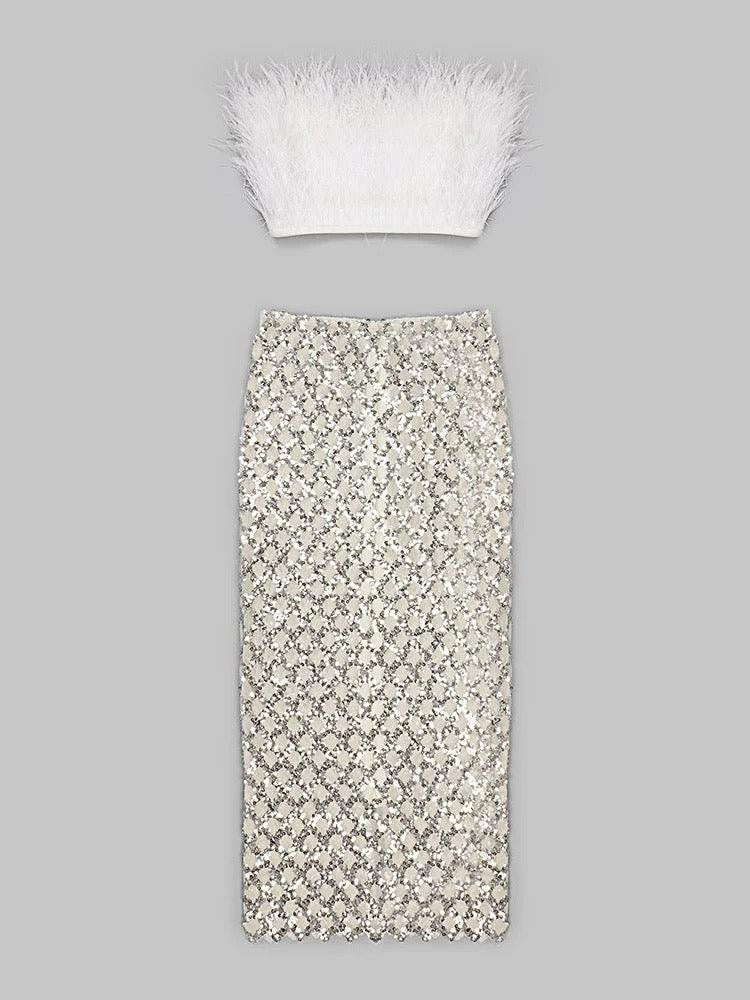 KittenAlarm - Minerva Strapless Feather Cropped Top & Mesh Long Skirt Set