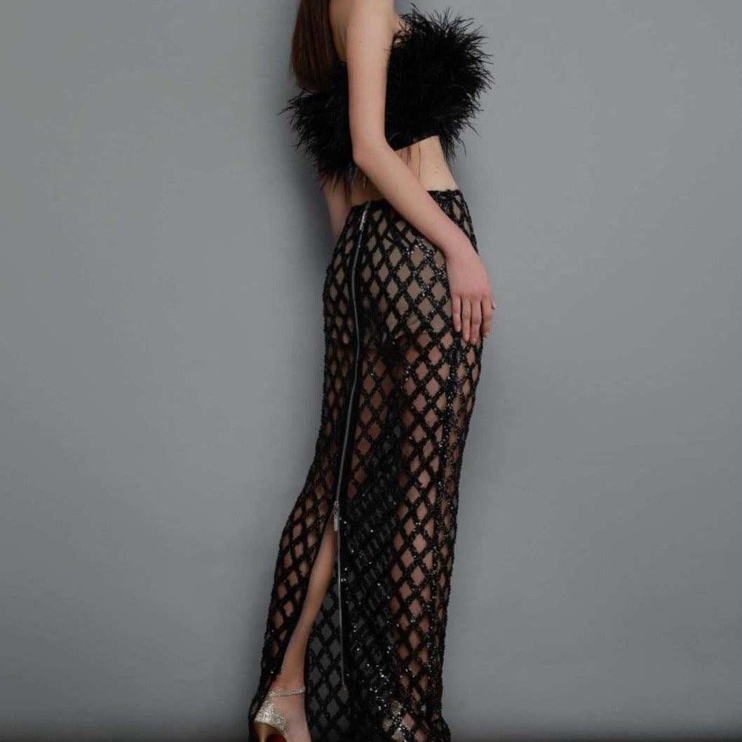KittenAlarm - Minerva Strapless Feather Cropped Top & Mesh Long Skirt Set