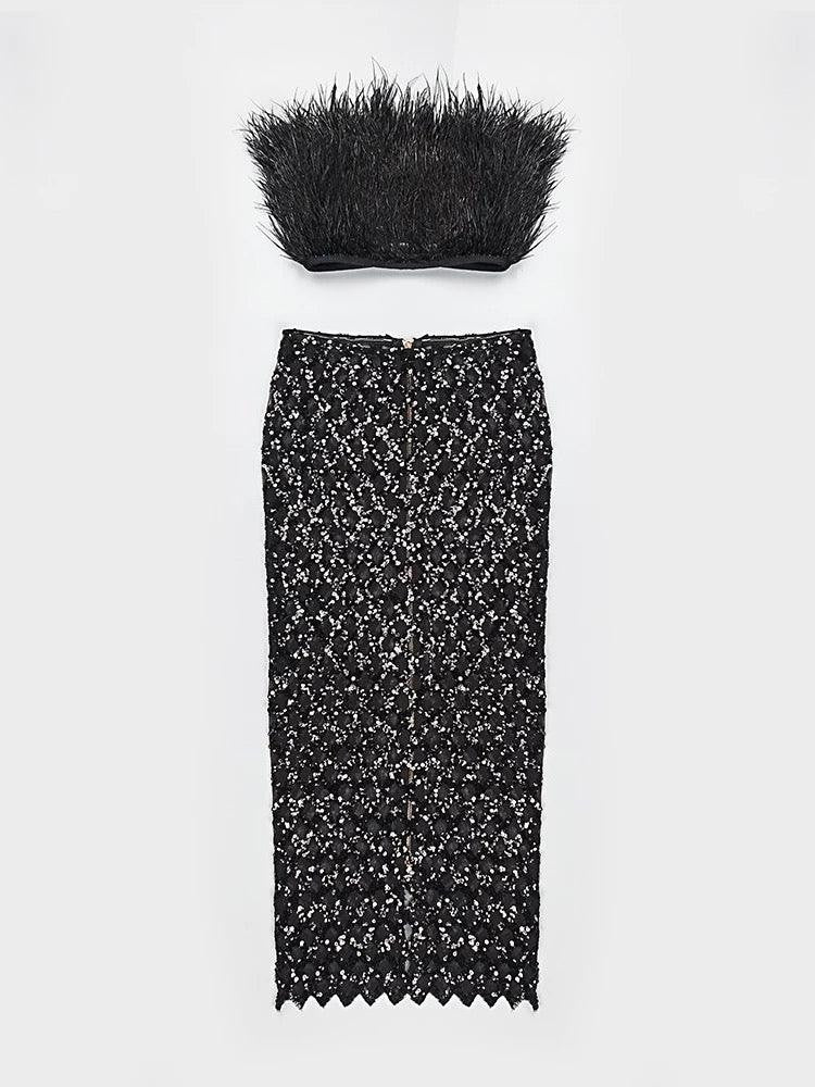 KittenAlarm - Minerva Strapless Feather Cropped Top & Mesh Long Skirt Set