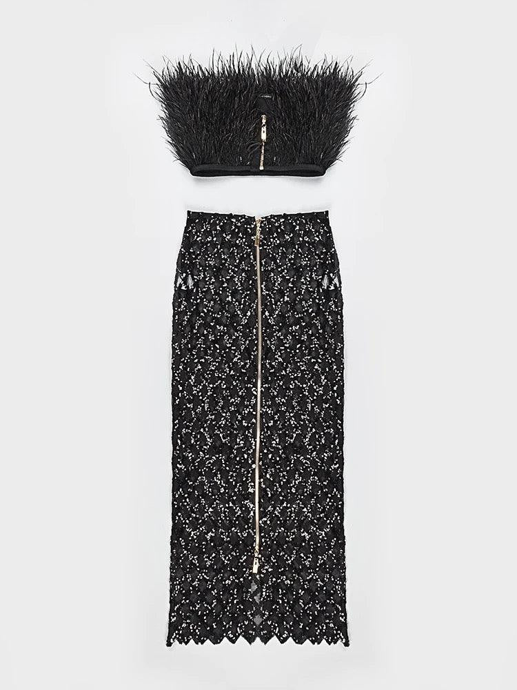 KittenAlarm - Minerva Strapless Feather Cropped Top & Mesh Long Skirt Set