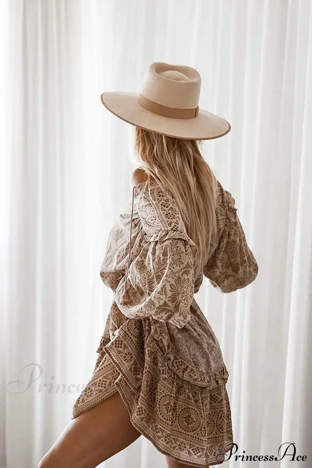 Mini Dress Boho Vintage Long Sleeve Floral Print Autumn Beach Dress