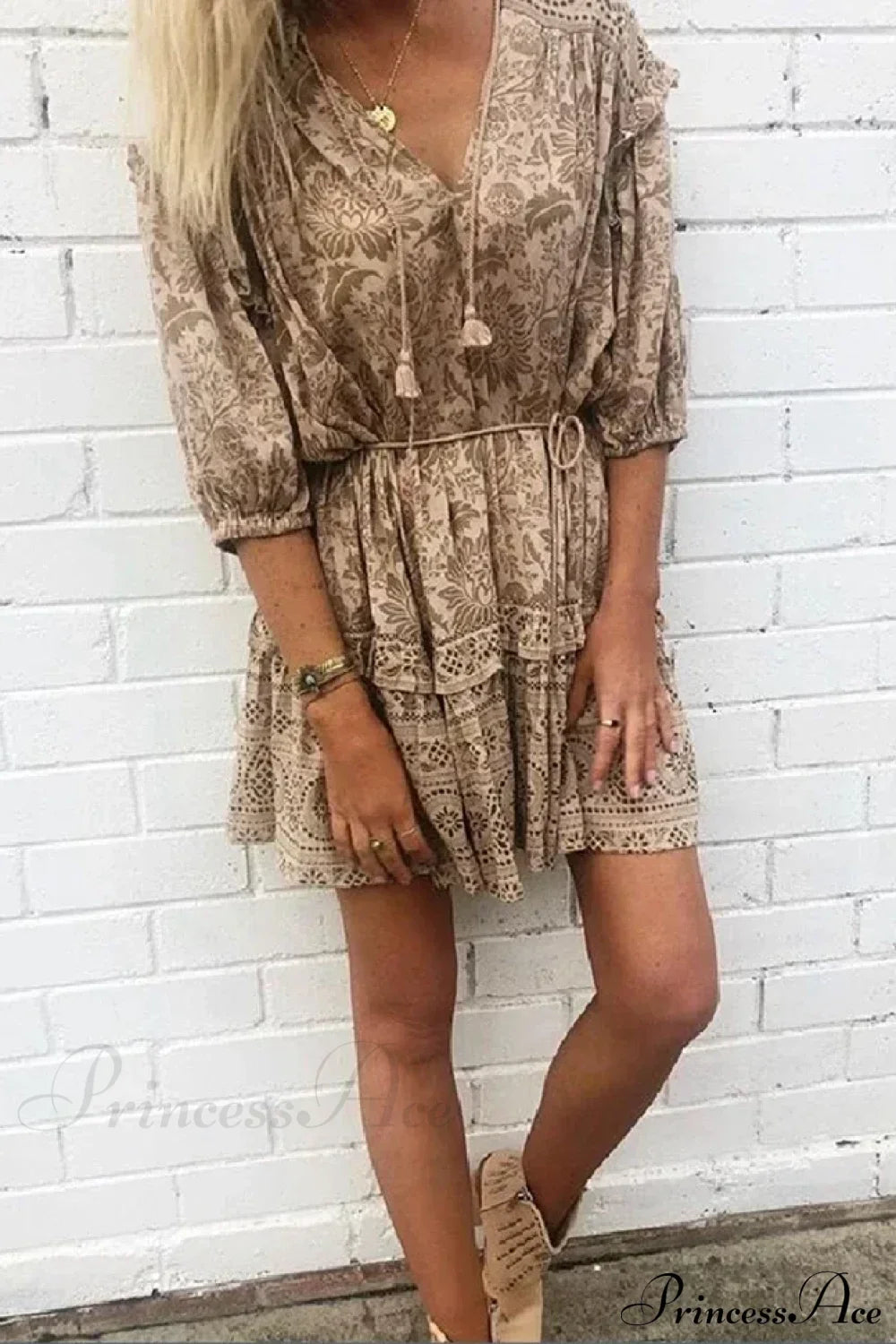 Mini Dress Boho Vintage Long Sleeve Floral Print Autumn Beach Dress