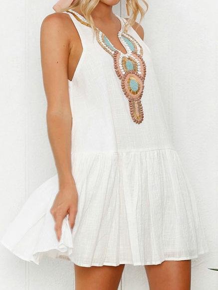 Embroidered V-Neck Sleeveless Shift Mini Dress