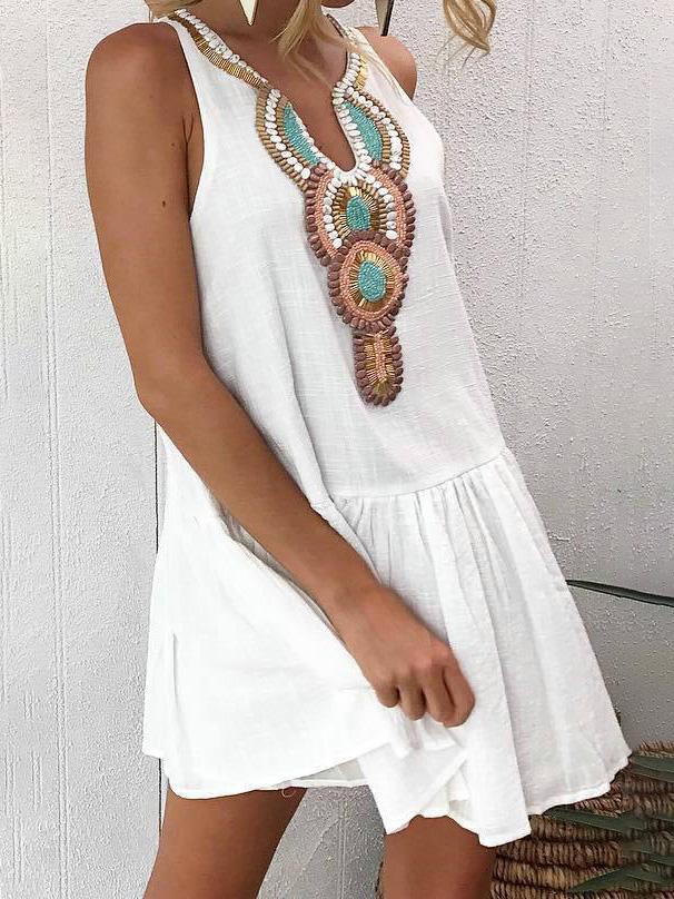Embroidered V-Neck Sleeveless Shift Mini Dress