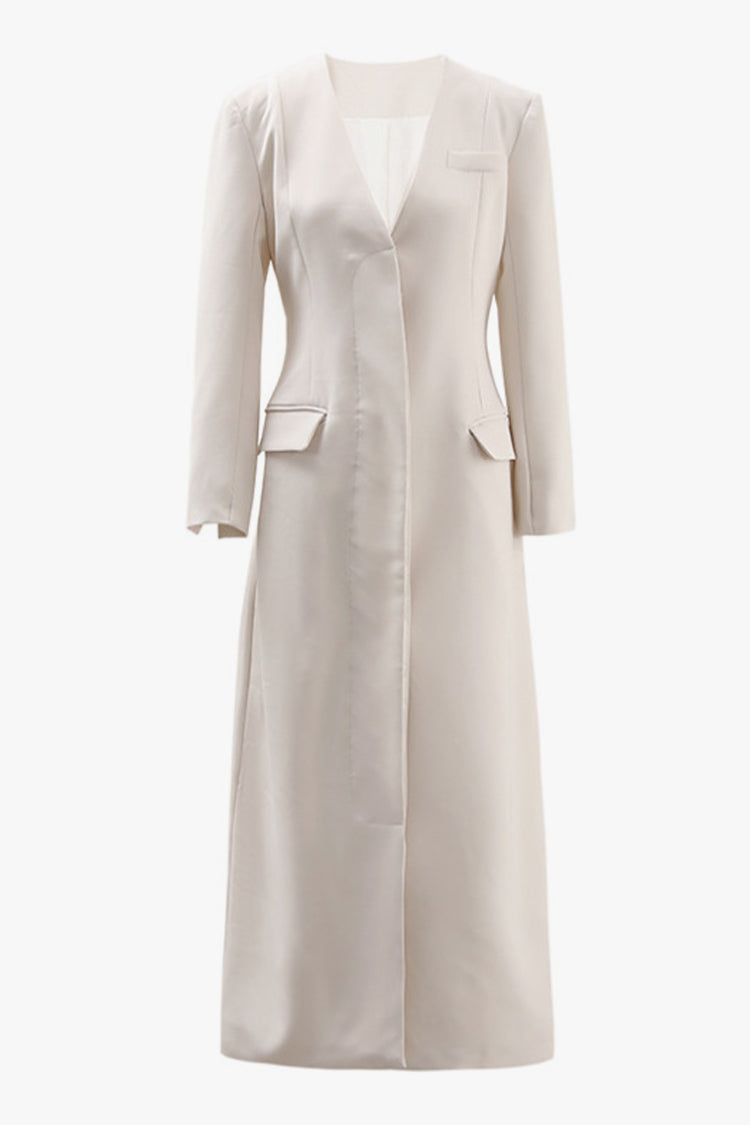 Chic Collarless V Neck Longline Coat with Shoulder Pads