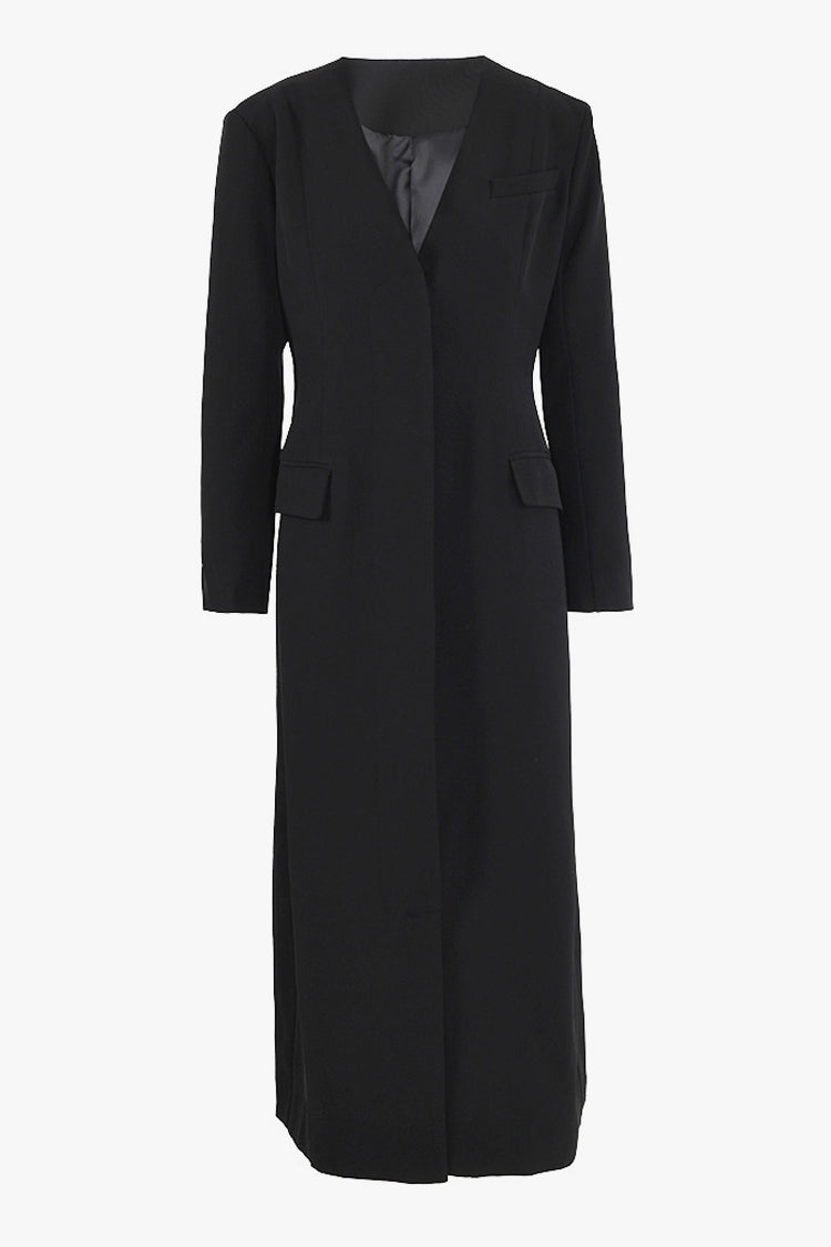 Chic Collarless V Neck Longline Coat with Shoulder Pads
