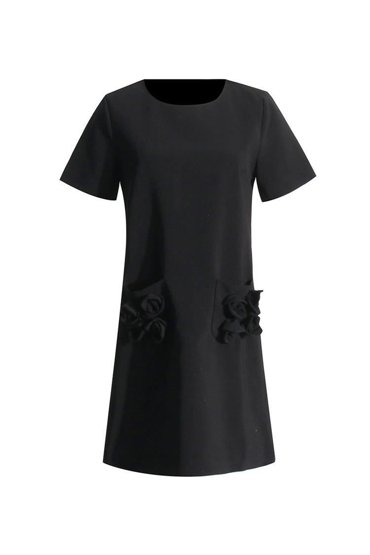 Minimalist Rosette Trim Round Neck Short Sleeve Crepe Party Mini Dress - Fashionpara