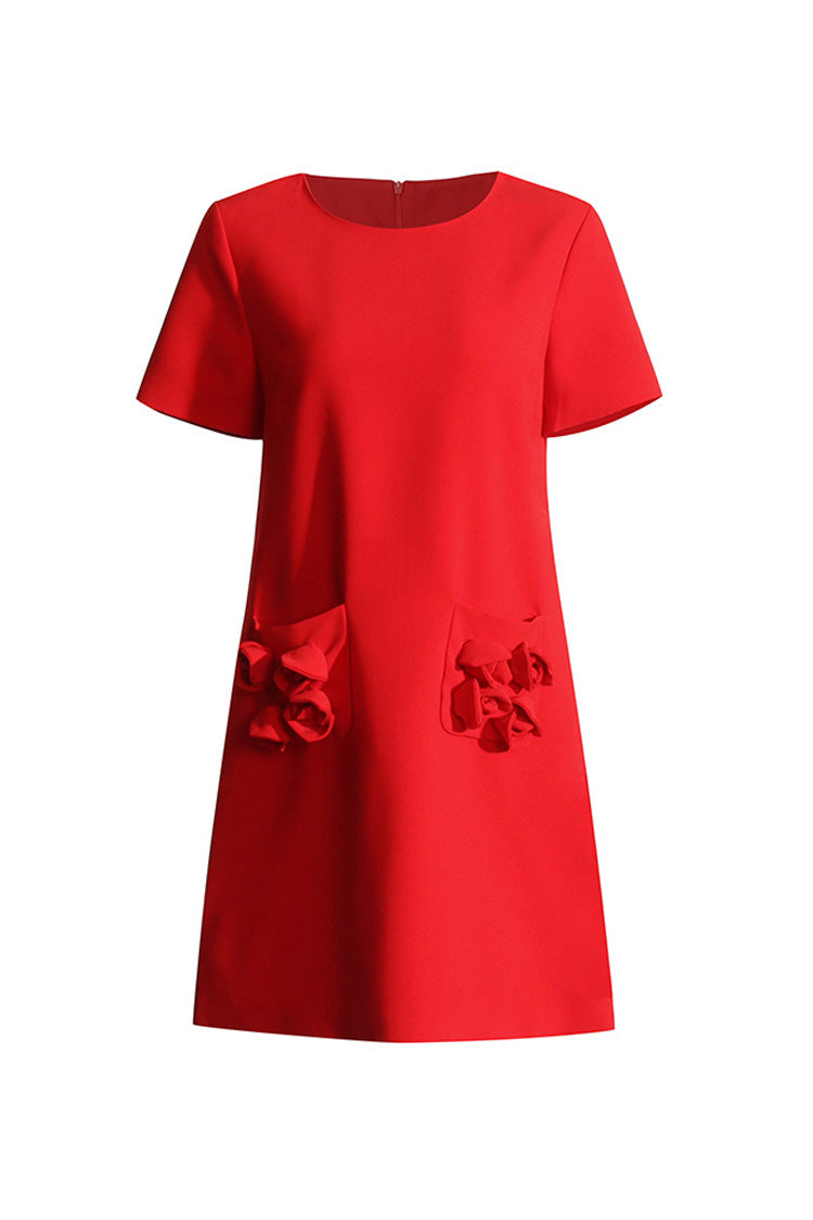Minimalist Rosette Trim Round Neck Short Sleeve Crepe Party Mini Dress - Fashionpara