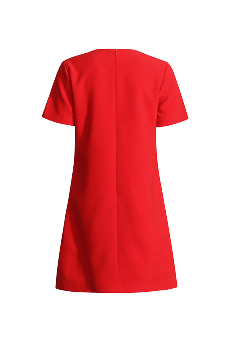 Minimalist Rosette Trim Round Neck Short Sleeve Crepe Party Mini Dress - Fashionpara