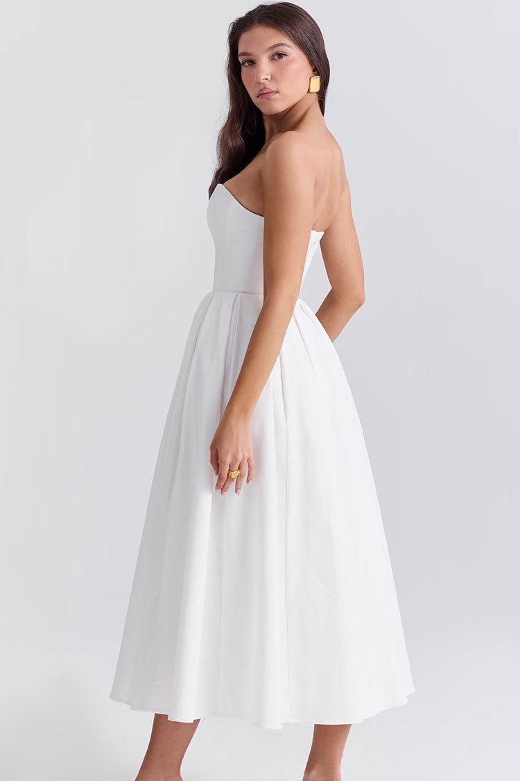 Minimalist Strapless Corset High Rise Pleated Fit & Flare Cocktail Party Midi Dress