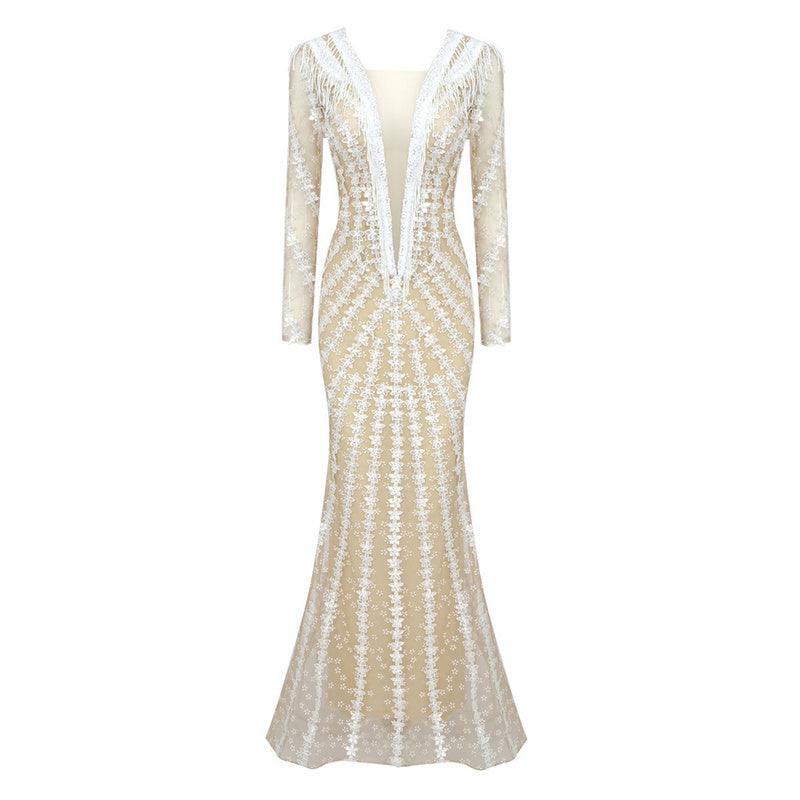 KittenAlarm - Minnie Long Sleeve Deep V Neck See Through Maxi Dress