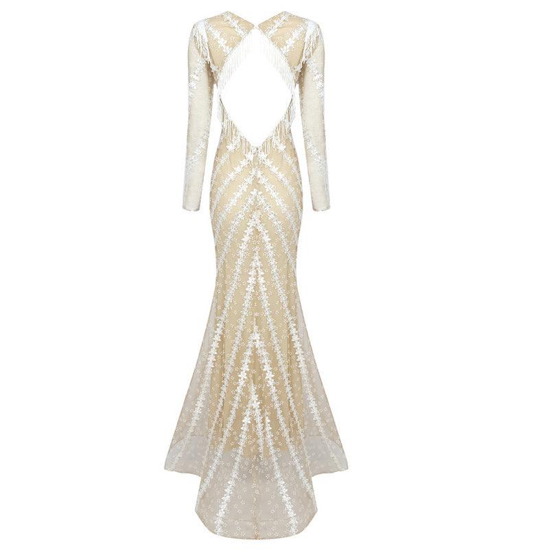 KittenAlarm - Minnie Long Sleeve Deep V Neck See Through Maxi Dress