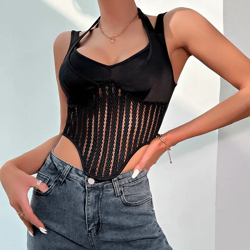 KittenAlarm - Minnie Mesh Panel Crop Bustier Camisole Top