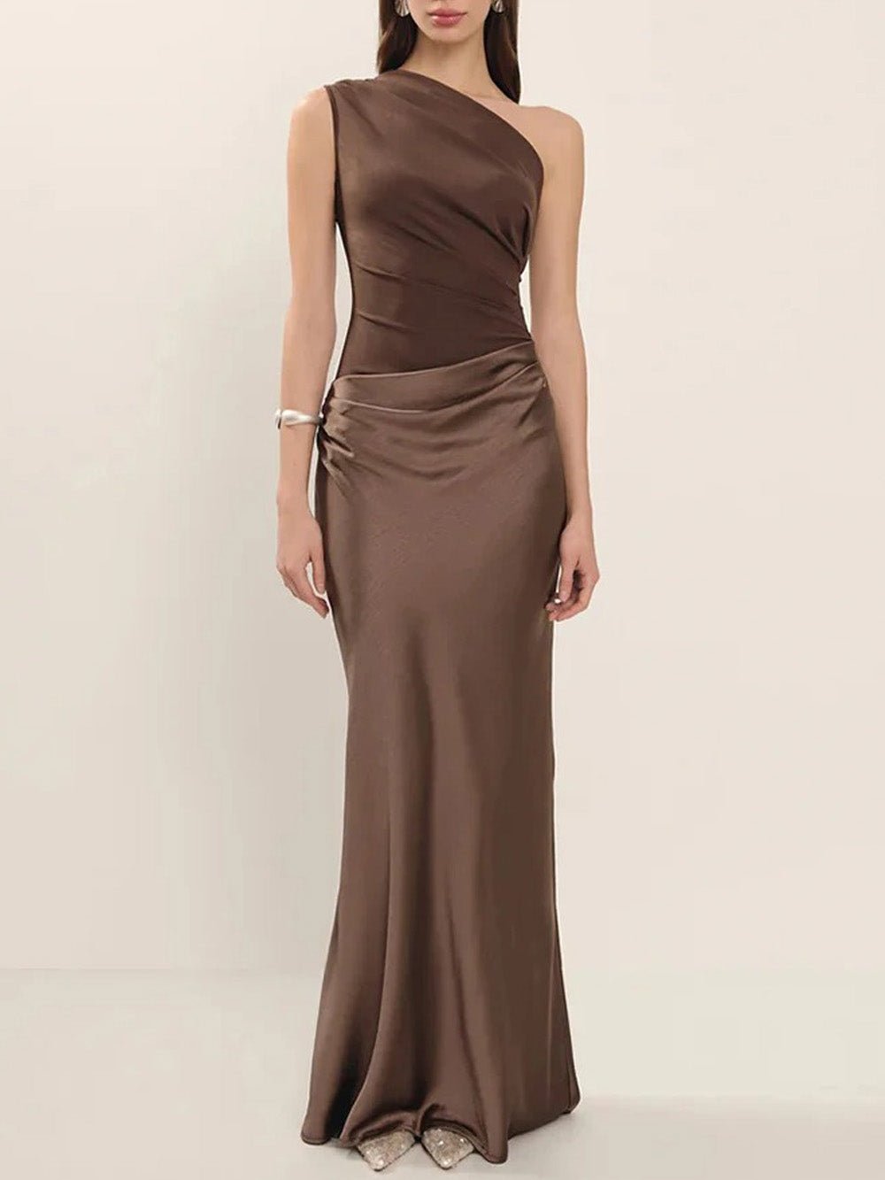 Satin One Shoulder Sleeveless Ruched Mermaid Maxi Gown in Brown