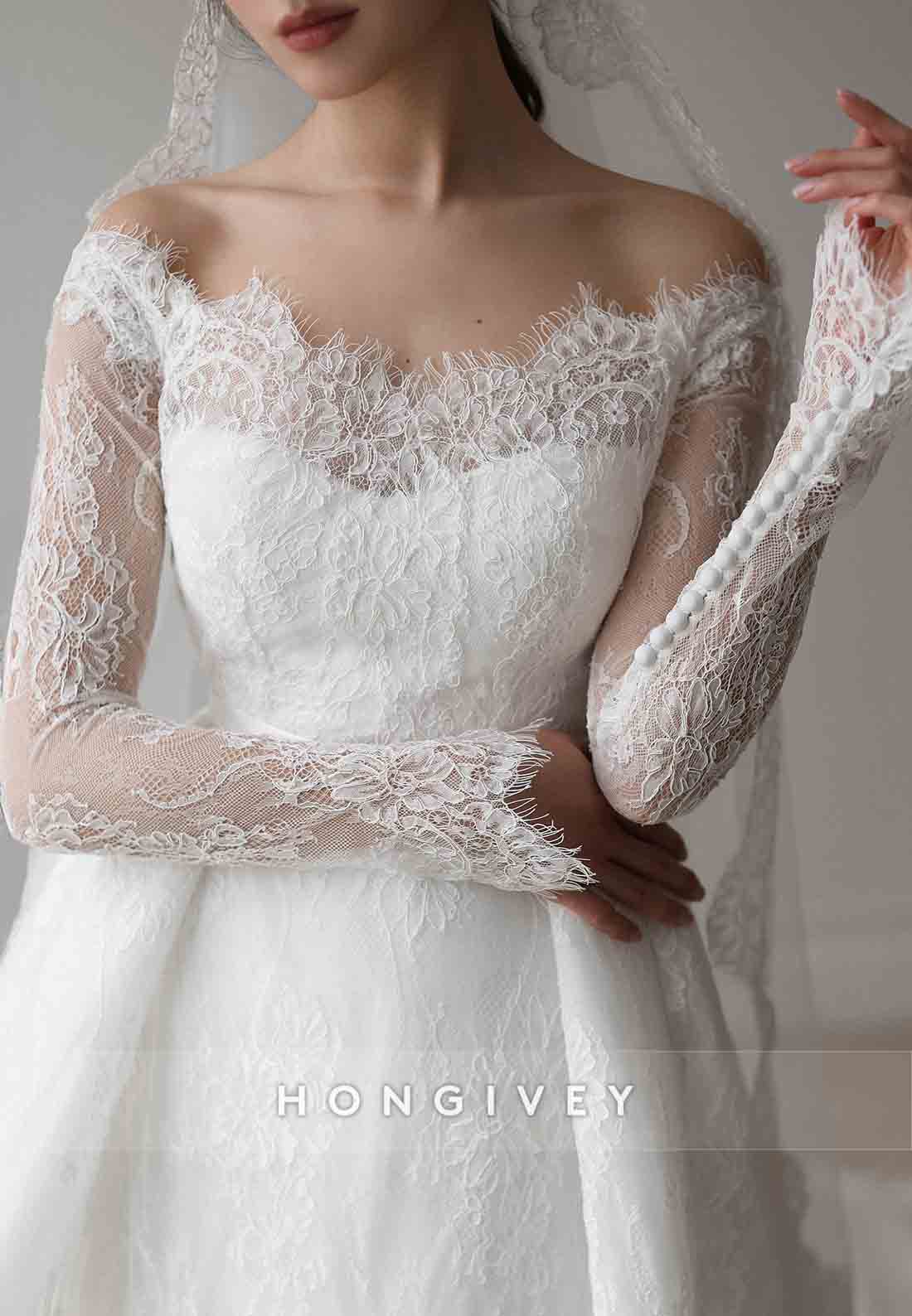 Lace A-Line Off the Shoulder Long Sleeves Court Train Detachable Wedding Dresses