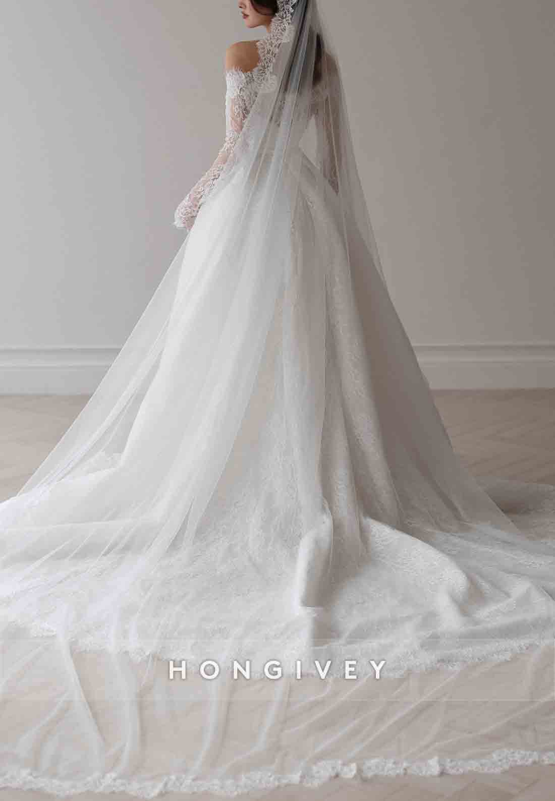 Lace A-Line Off the Shoulder Long Sleeves Court Train Detachable Wedding Dresses
