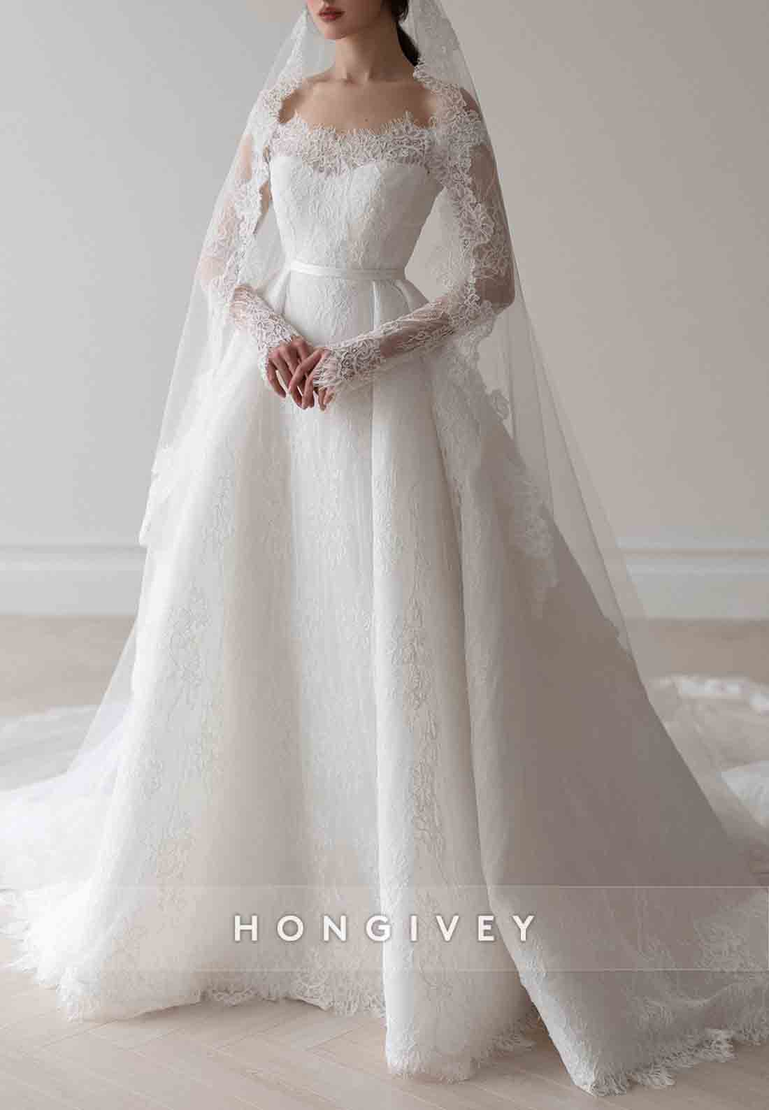 Lace A-Line Off the Shoulder Long Sleeves Court Train Detachable Wedding Dresses