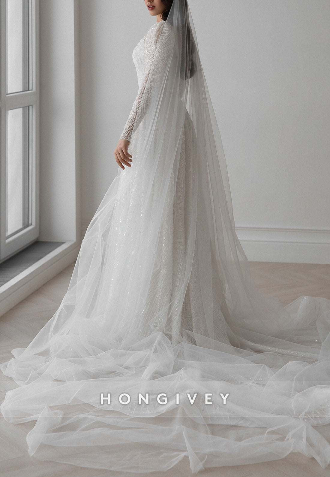 Court Train Metallic Yarn A-Line Long Sleeves High Neck Wedding Dresses