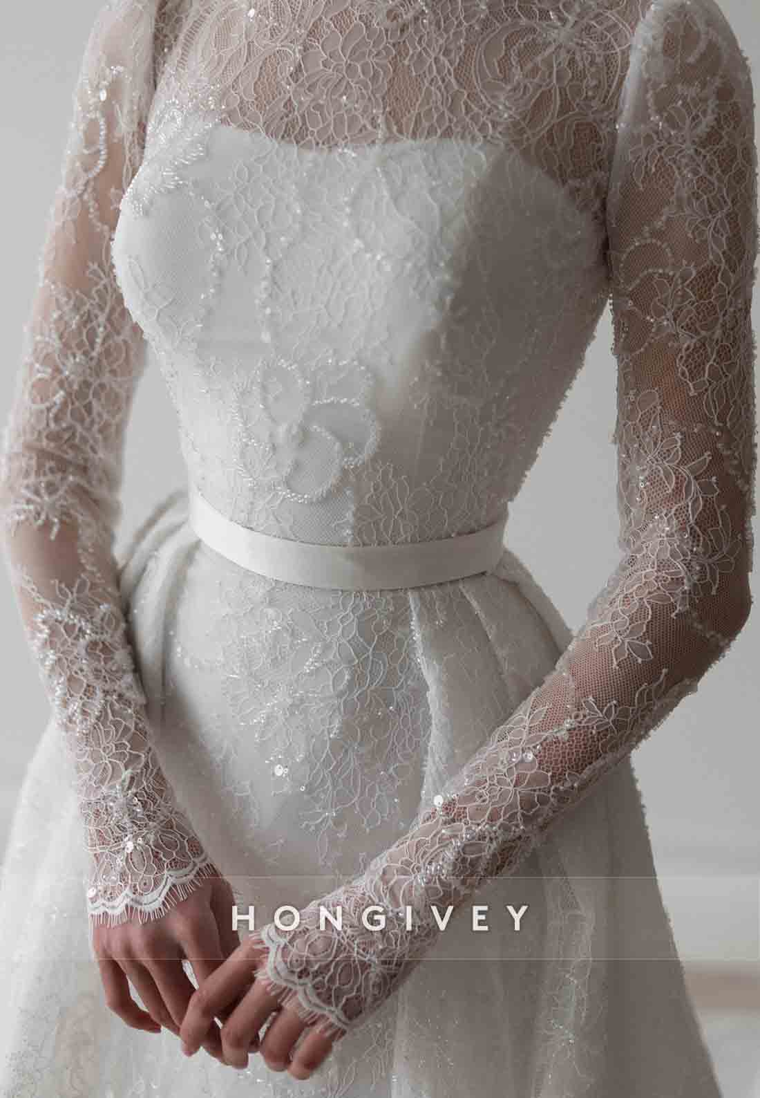 High Neck Long Sleeves Pleated A-Line Detachable Lace Wedding Dresses