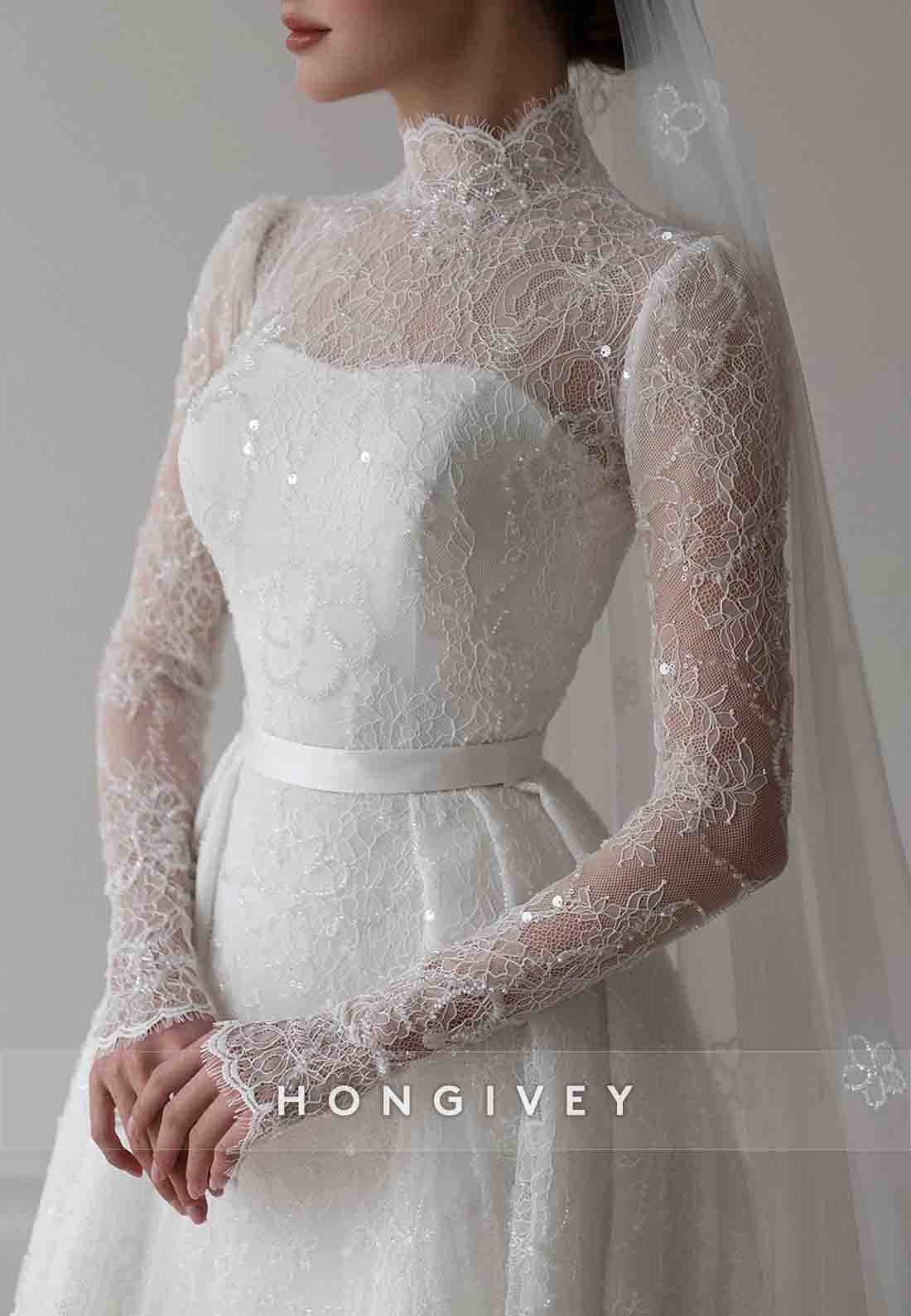 High Neck Long Sleeves Pleated A-Line Detachable Lace Wedding Dresses