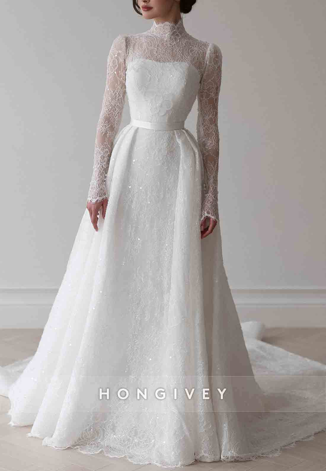 High Neck Long Sleeves Pleated A-Line Detachable Lace Wedding Dresses