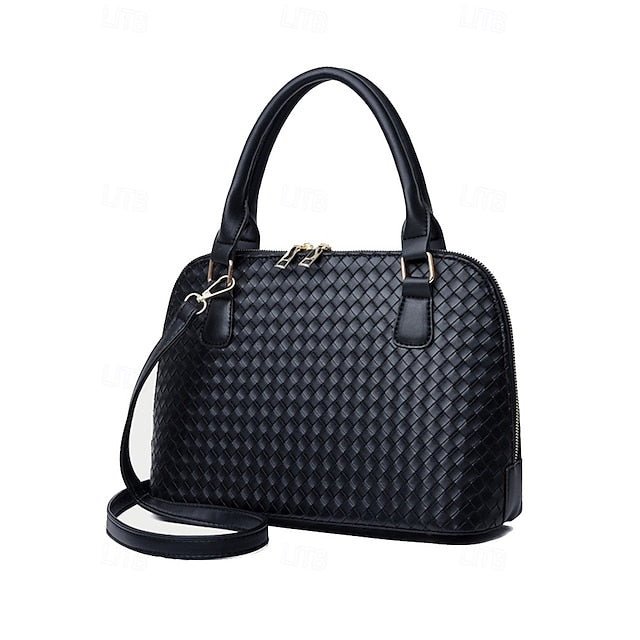 Handbag Set Brown Leather Woven 3-Piece Faux