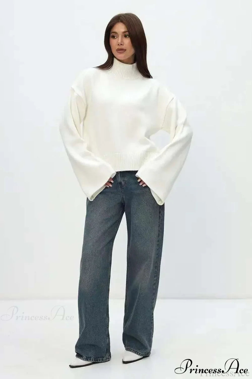PrincessAce Mock Neck Bell-Sleeve Loose Short Sweater