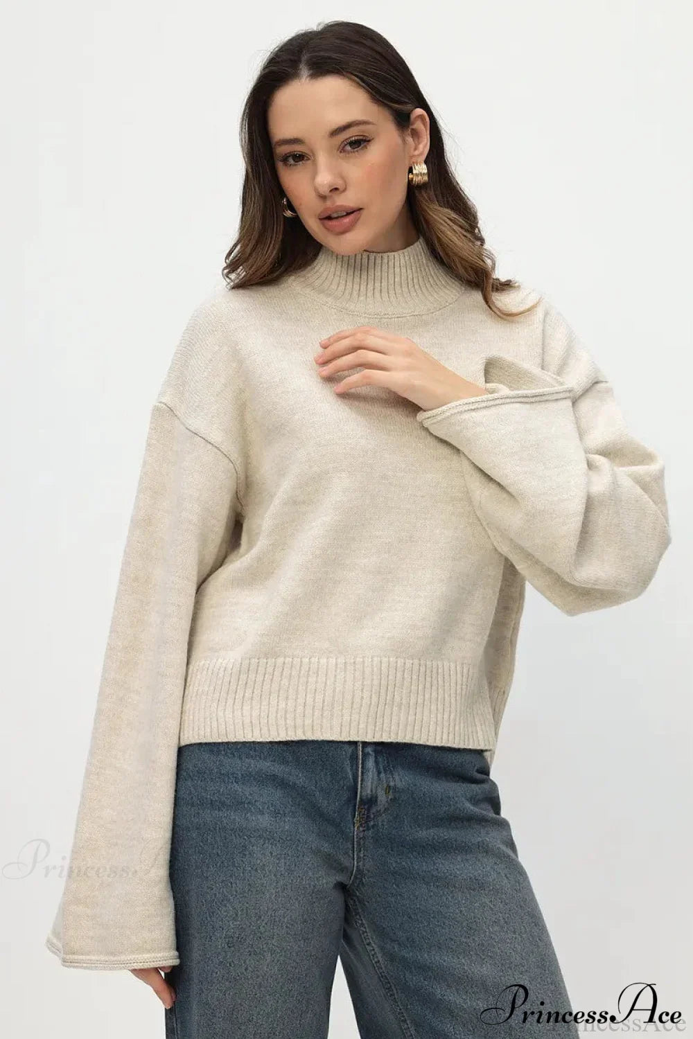 PrincessAce Mock Neck Bell-Sleeve Loose Short Sweater