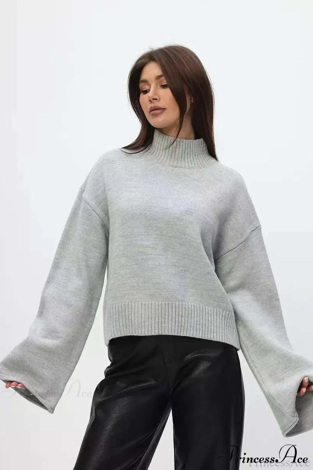 Mock Neck Bell-Sleeve Loose Short Sweater 2