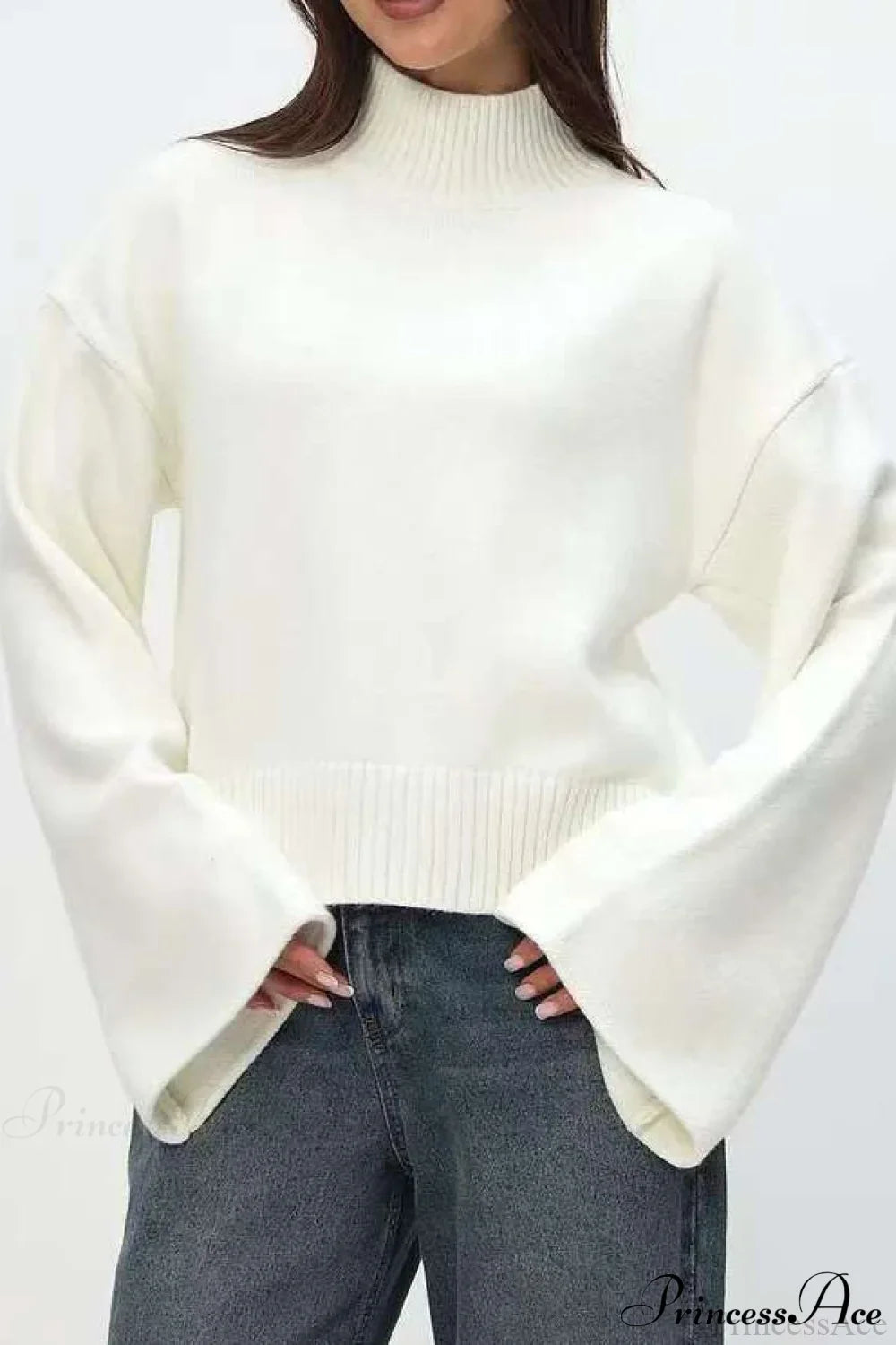 PrincessAce Mock Neck Bell-Sleeve Loose Short Sweater