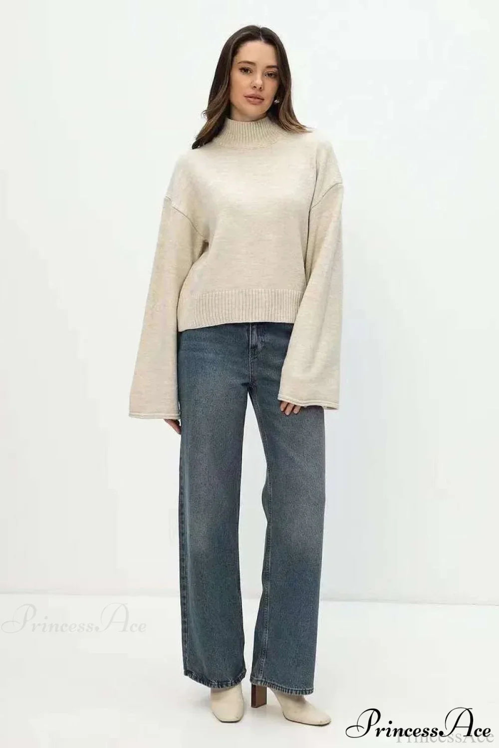 Mock Neck Bell-Sleeve Loose Short Sweater 15