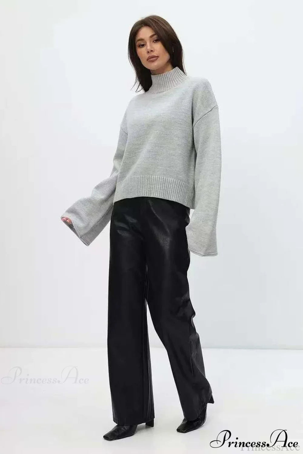 PrincessAce Mock Neck Bell-Sleeve Loose Short Sweater