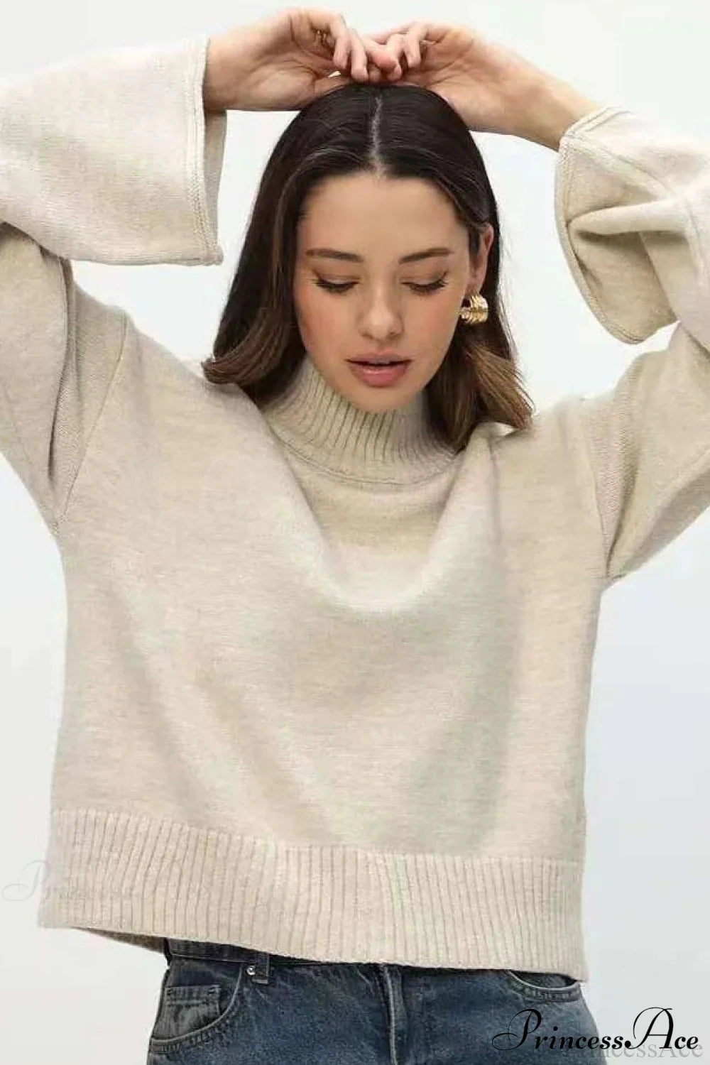 PrincessAce Mock Neck Bell-Sleeve Loose Short Sweater