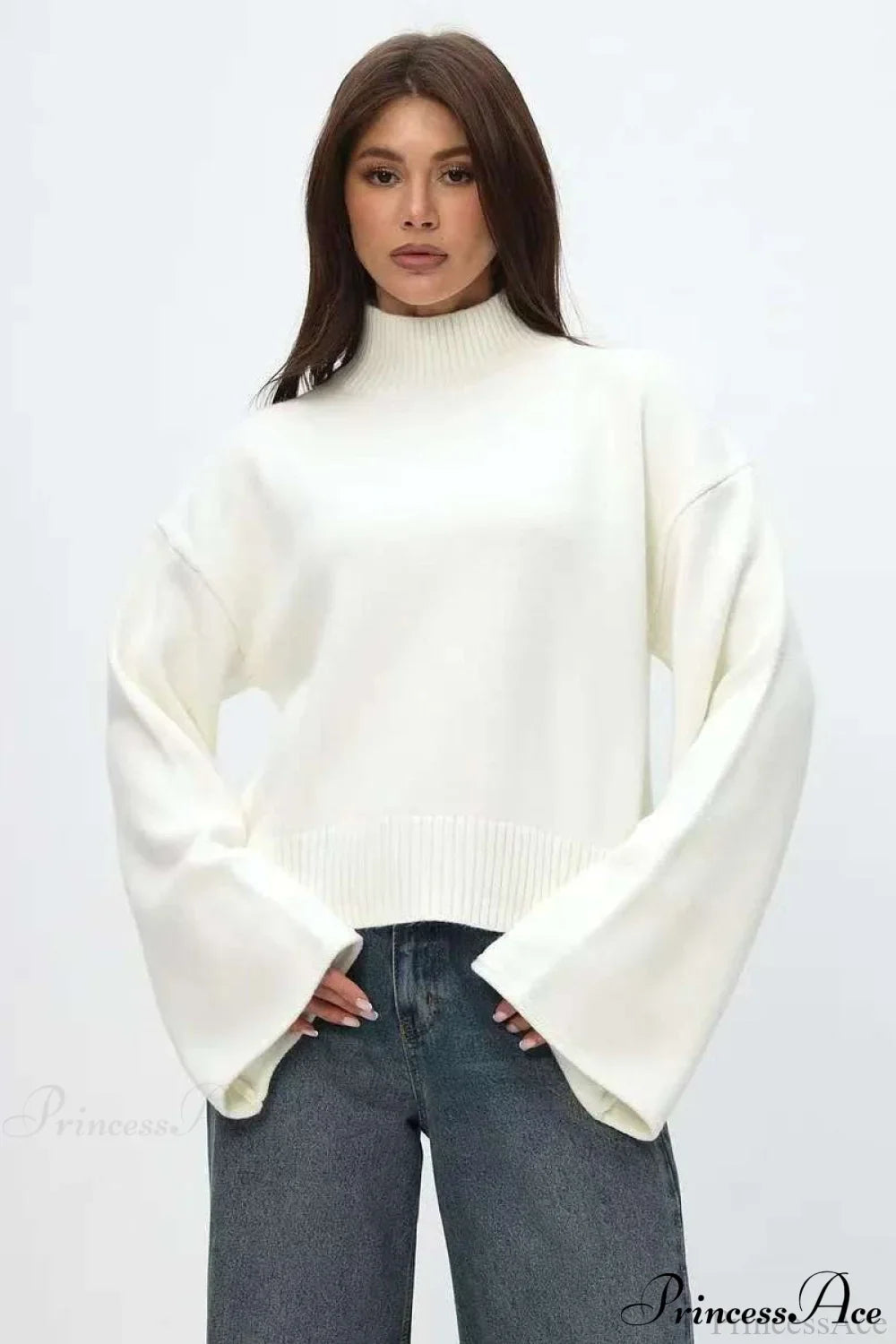 PrincessAce Mock Neck Bell-Sleeve Loose Short Sweater