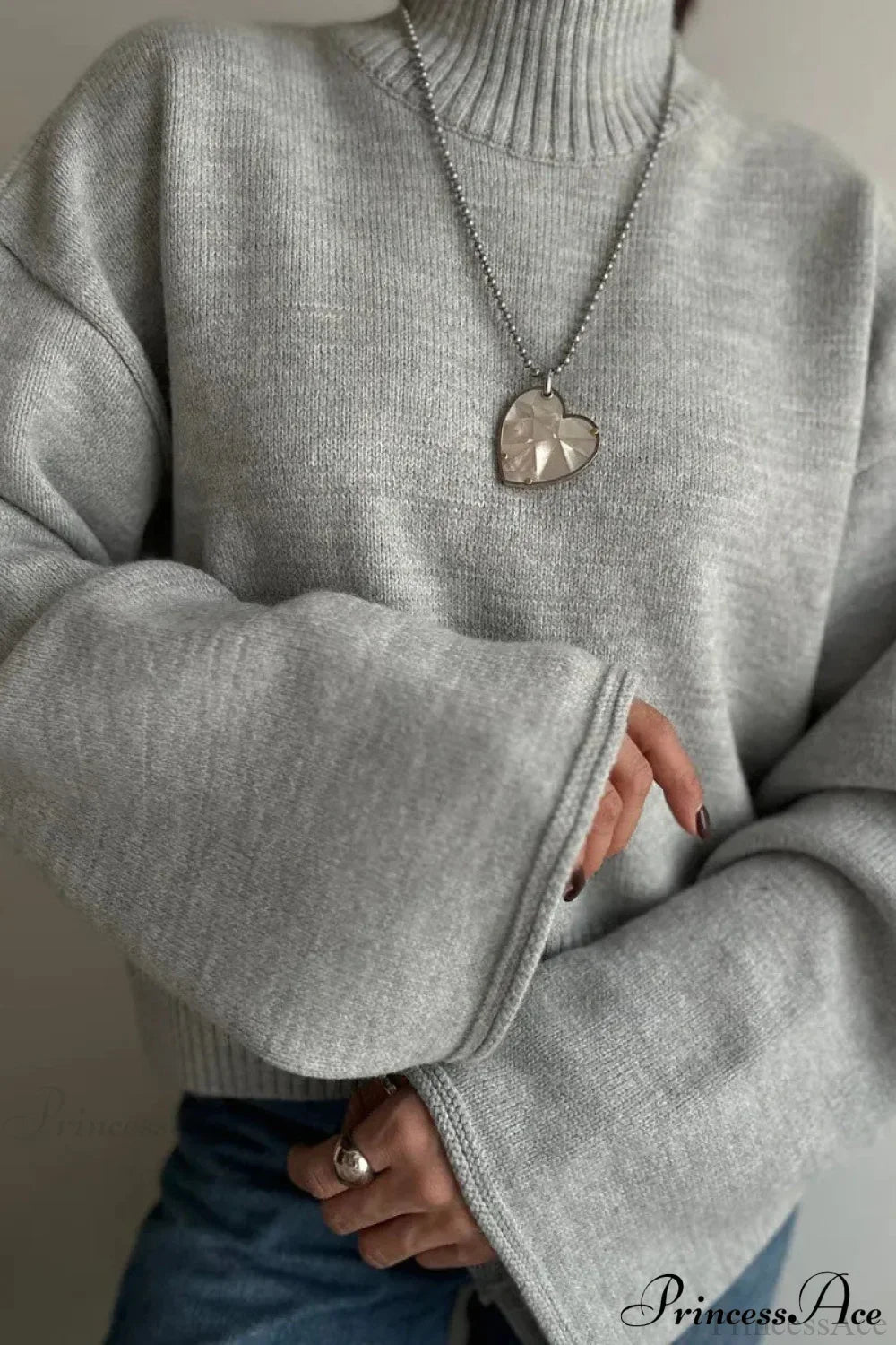 Mock Neck Bell-Sleeve Loose Short Sweater Grey / S