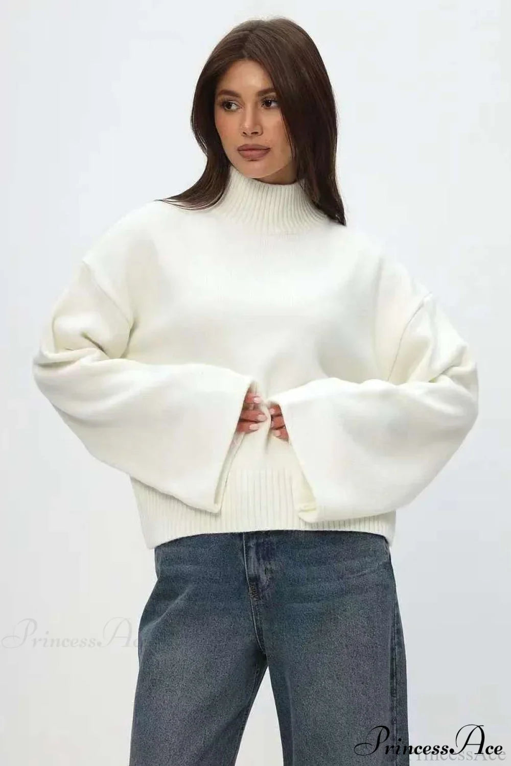 Mock Neck Bell-Sleeve Loose Short Sweater White / S
