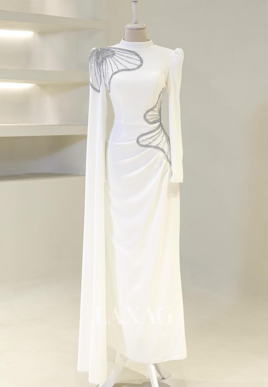 High-Neck Long-Sleeves Mermaid Mother of the Bride Dress Beaded Pleated Floor-Length Cocktail Gowns