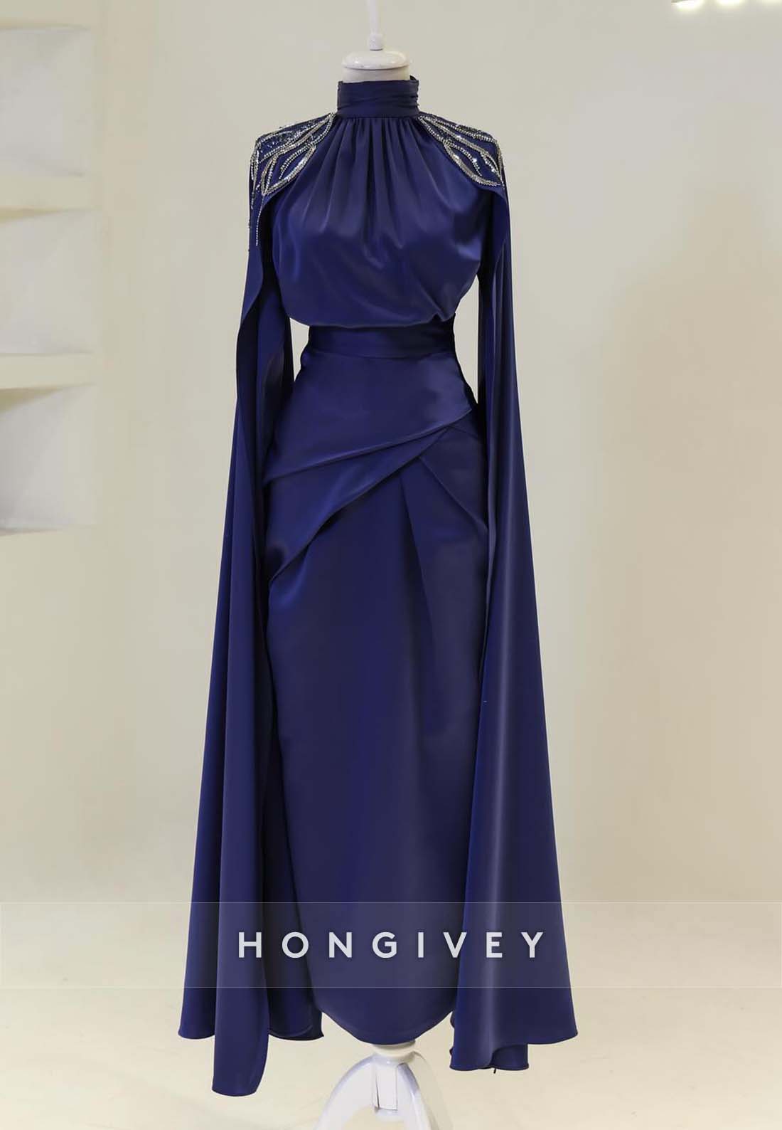 Sheath Floor-Length Evening Gown High Neck Pleated Shoulder Appliqued Formal Dresses