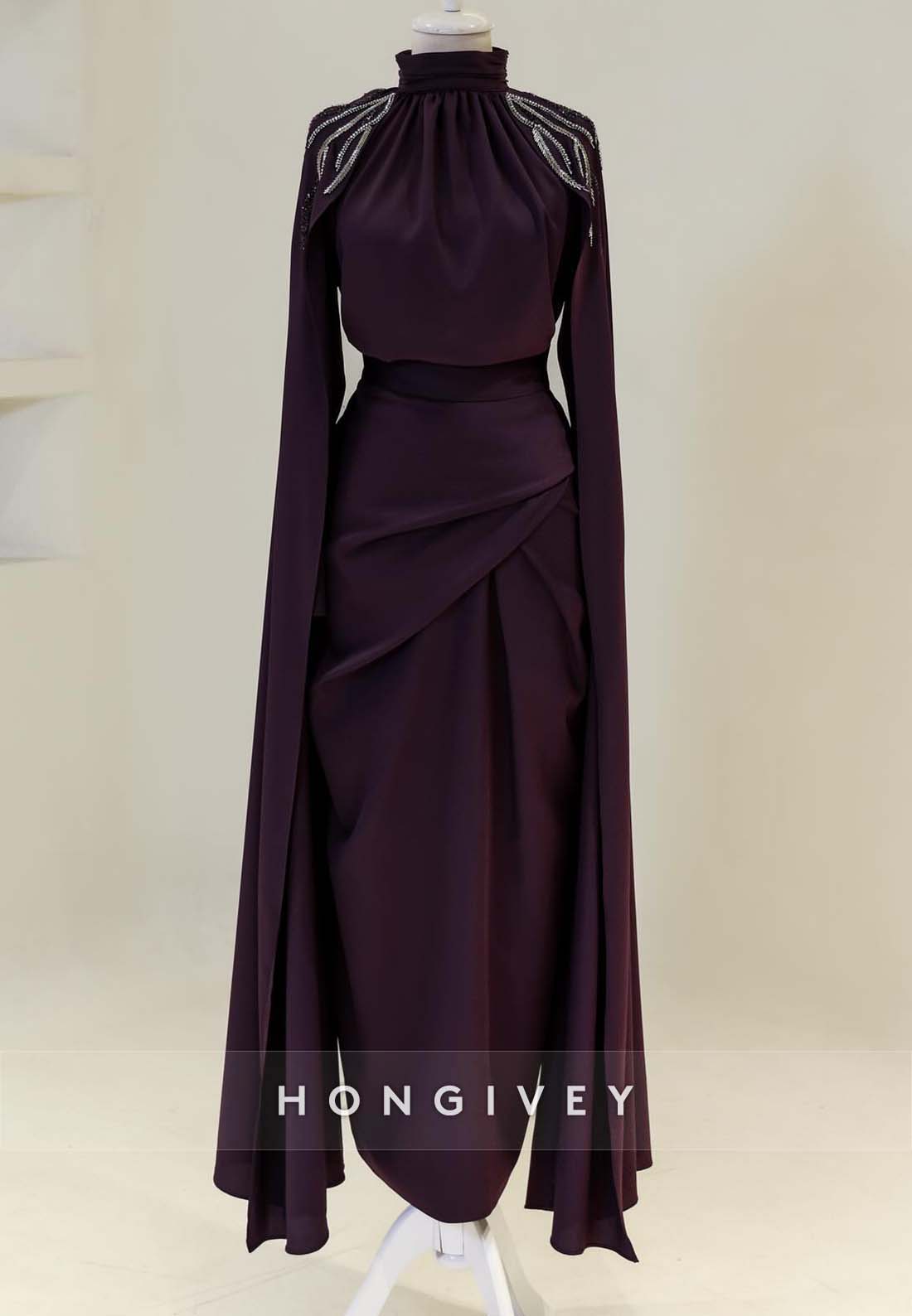 Sheath Floor-Length Evening Gown High Neck Pleated Shoulder Appliqued Formal Dresses
