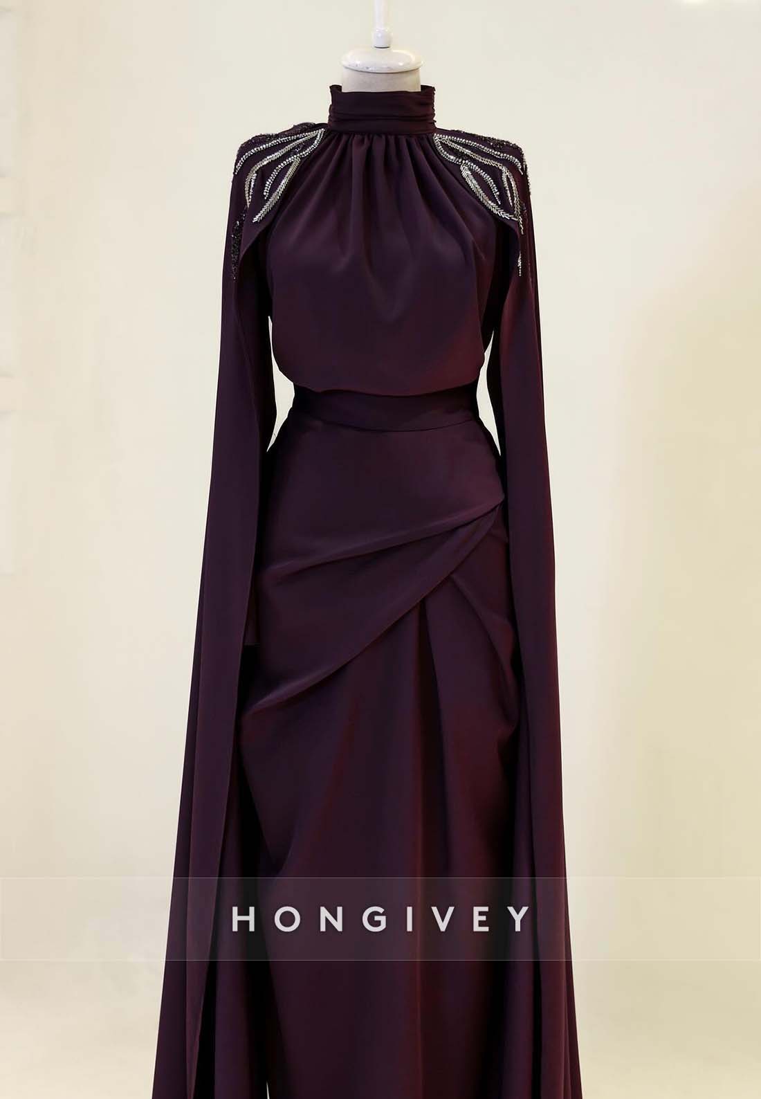 Sheath Floor-Length Evening Gown High Neck Pleated Shoulder Appliqued Formal Dresses