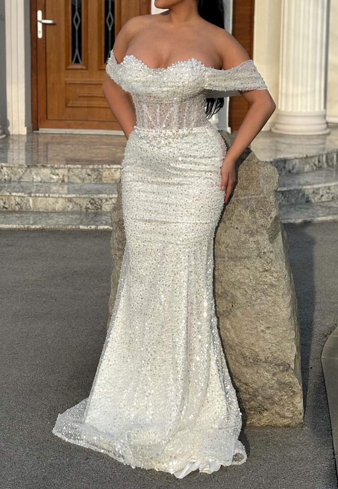 Glamorous & Dramatic Off-Shoulder Beaded Mermaid Evening Party Prom Dress