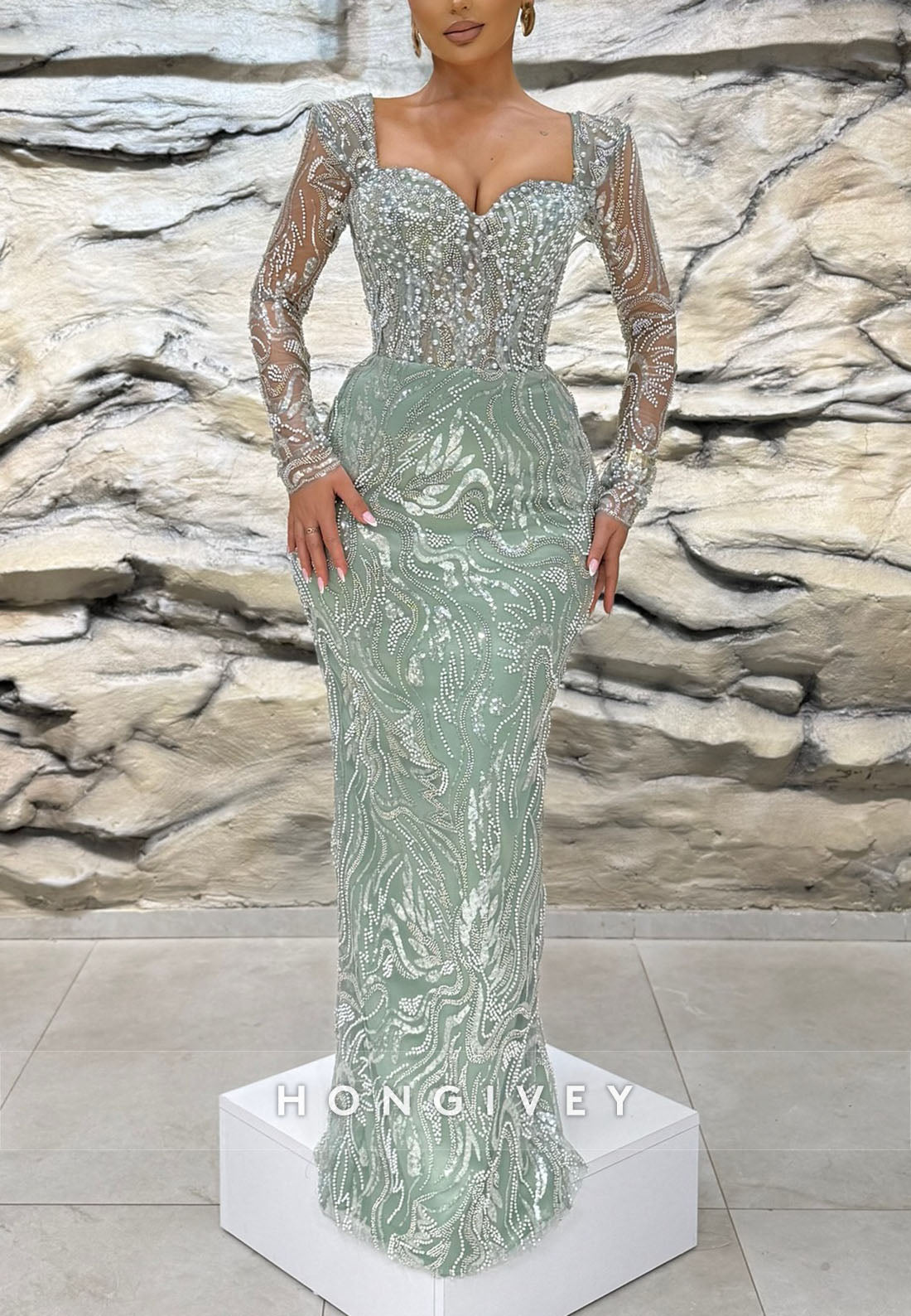 Beading Sheath Floor-Length Long Sleeve Evening Gown