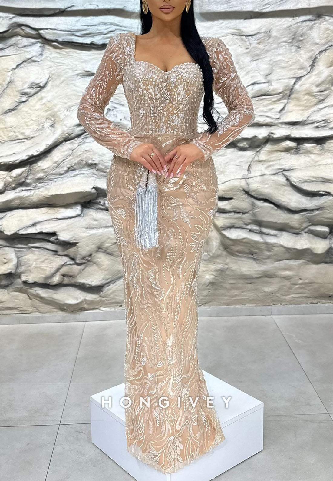 Sheath Formal Dresses Floor-Length Long Sleeve Beading Evening Gown
