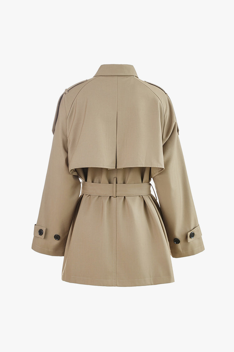 Elegant Belted Short Trench Coat with Cinched Waist Design
