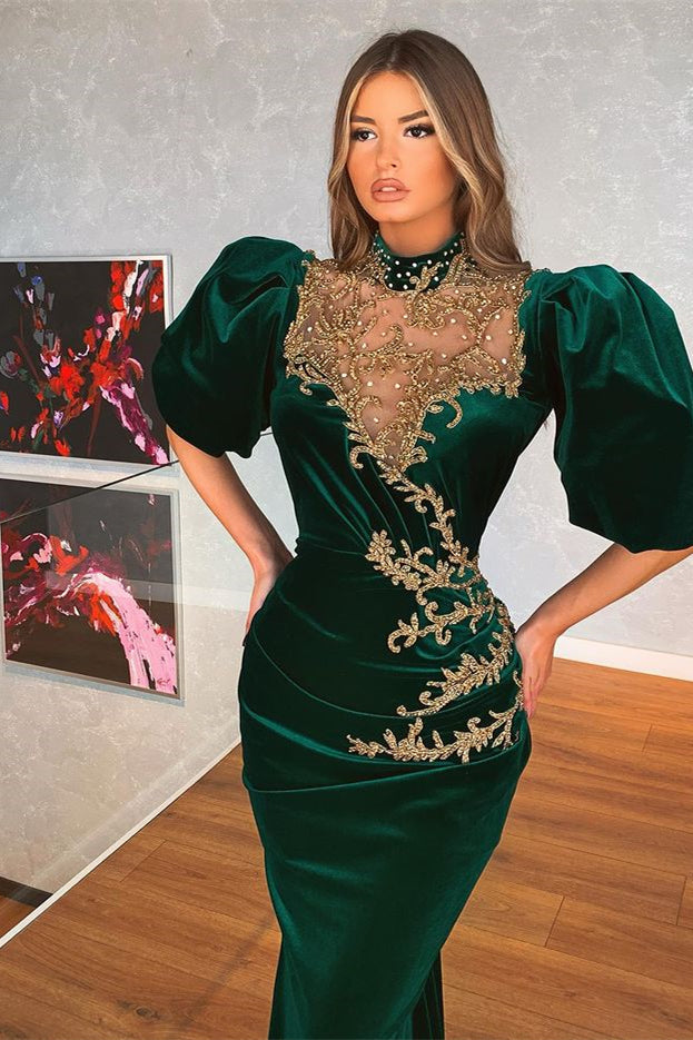 Modern Dark Green Bubble Sleeves Mermaid Prom Dress With Appliques