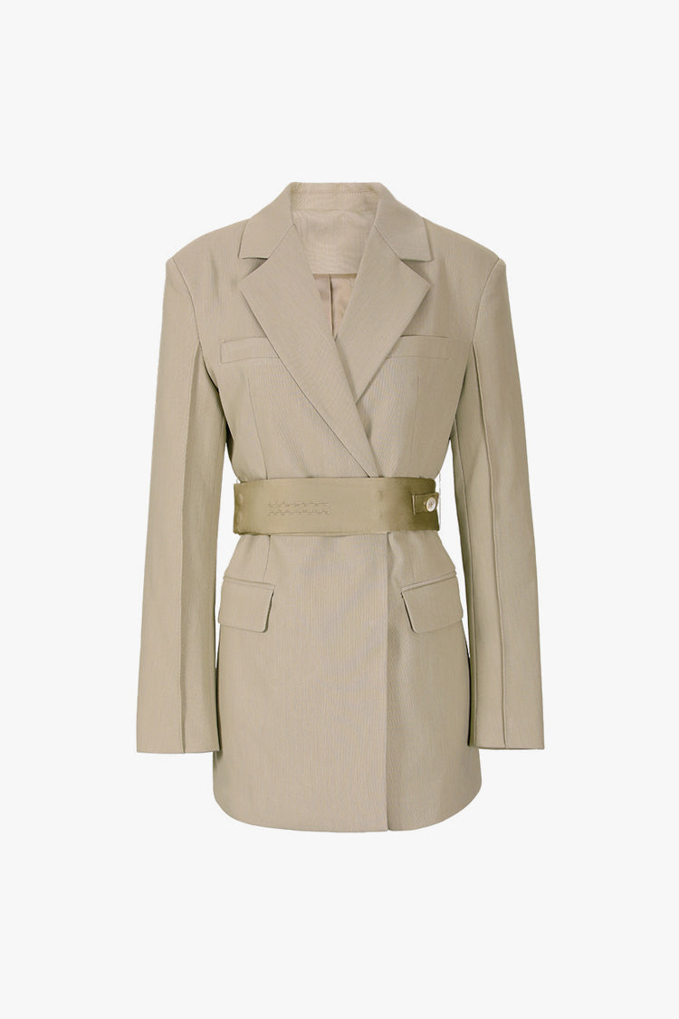 Modern Lapel Padded Shoulder Cinched Waist Belted Micro Mini Blazer Dress - Fashionpara