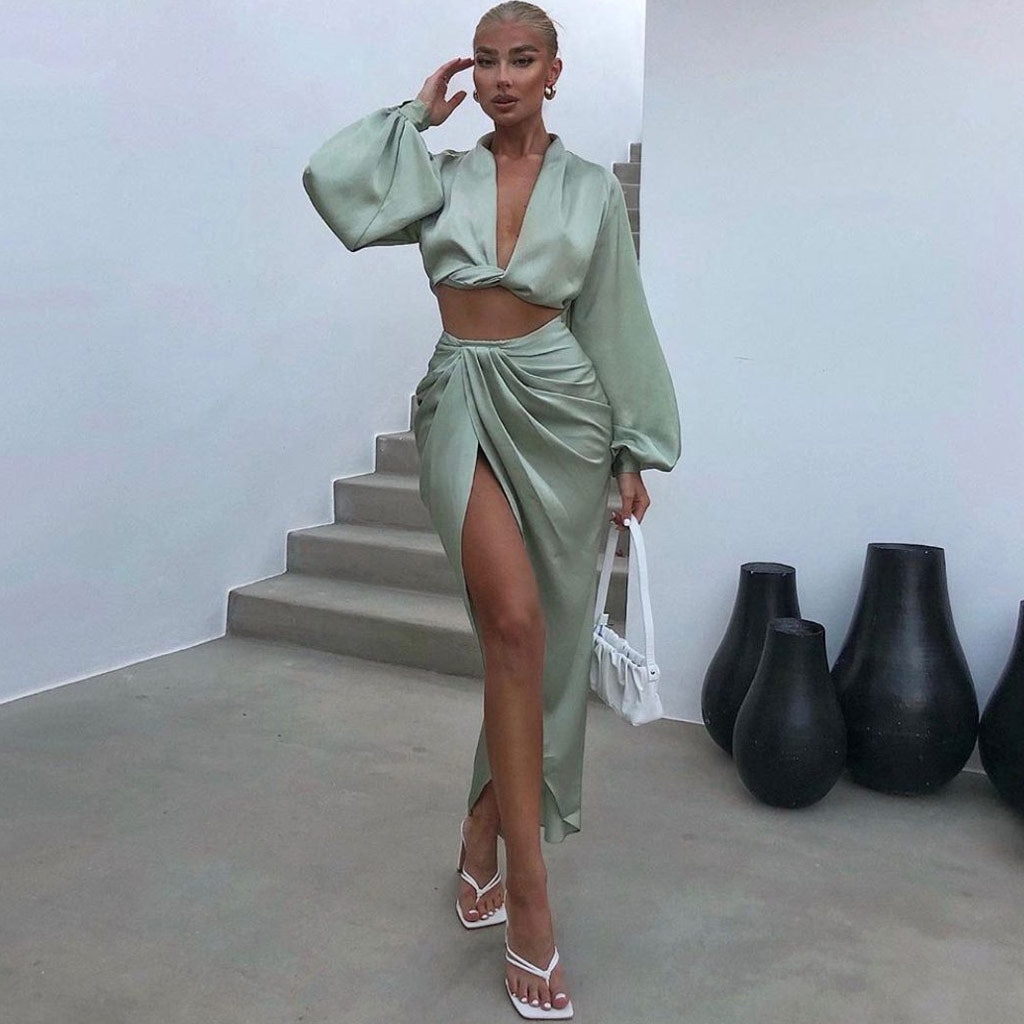 Long Sleeve High Slit Satin Skirt Matching Set - Green