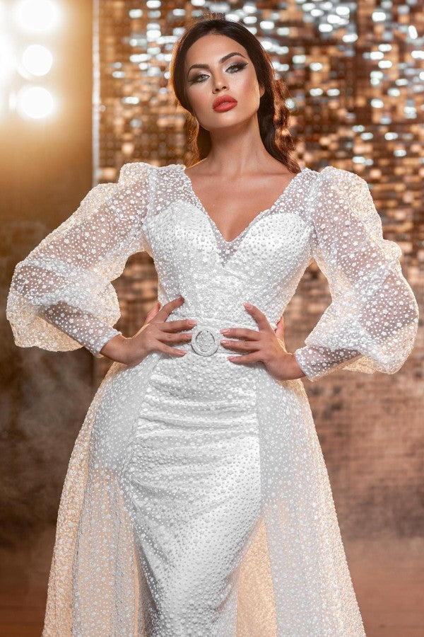 Contemporary Long V-neck Sparkling Wedding Dress with Full-Length Sleeves - Fashionpara