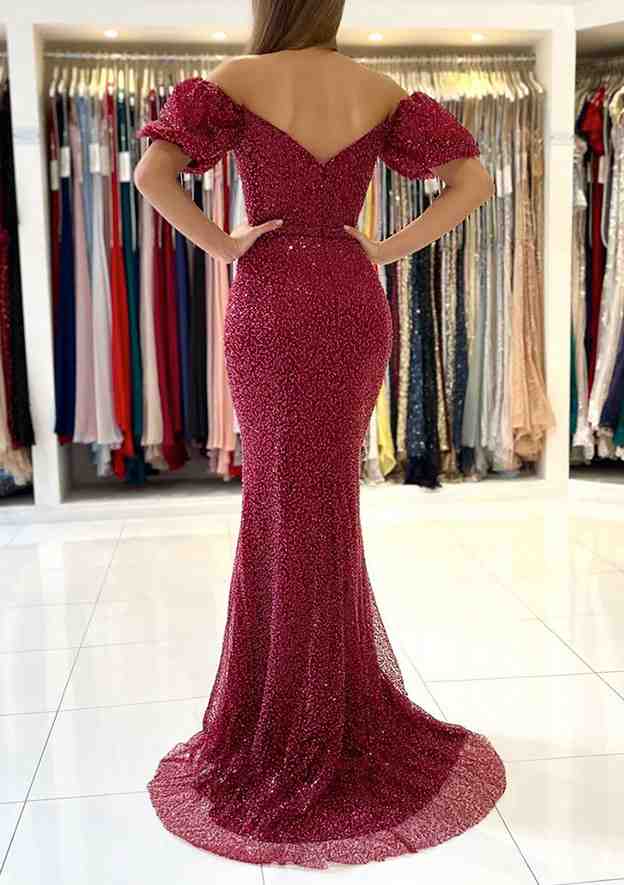 Modern Prom Dress/Evening Dress with Sequins - Trumpet/Mermaid Off-the-Shoulder Short Sleeve Sweep Train - Fashionpara