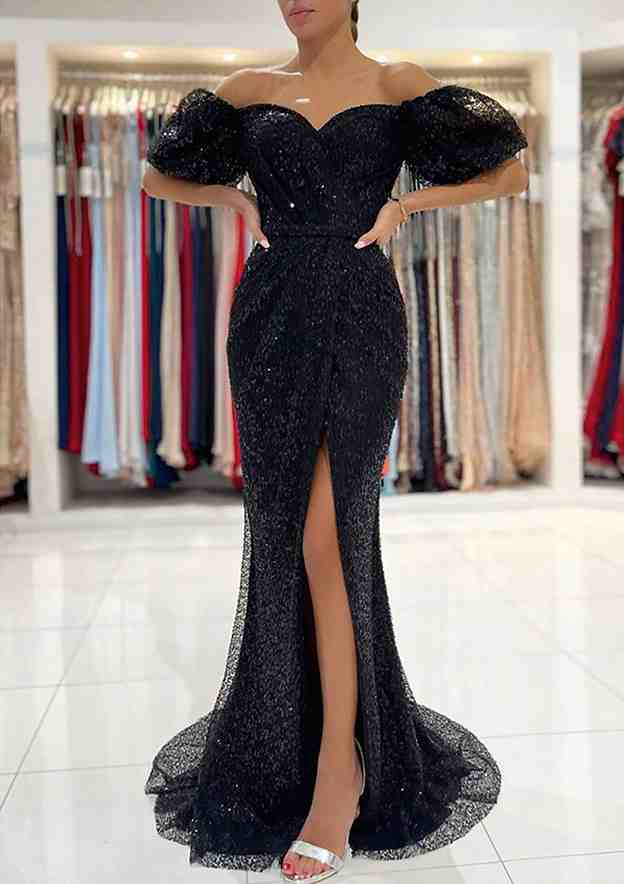 Modern Prom Dress/Evening Dress with Sequins - Trumpet/Mermaid Off-the-Shoulder Short Sleeve Sweep Train - Fashionpara